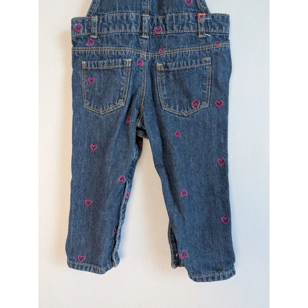 OshKosh B'gosh Overall Bibs Pink Hearts Denim 12 Months Blue Baby Toddler Girl